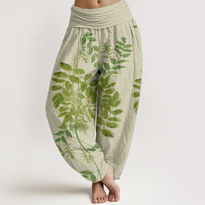 Pantalones Buddha Stones de algodón puro con diseño de hojas verdes y ramas para mujer, con cintura elástica
