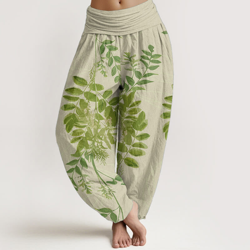 Pantalones Buddha Stones de algodón puro con diseño de hojas verdes y ramas para mujer, con cintura elástica - Vara de oro pálida - US22，UK/AU26，EU54 (6XL) - image 0