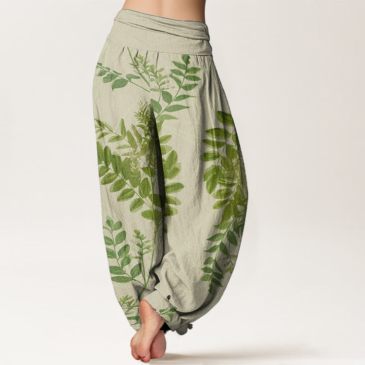 Pantalones Buddha Stones de algodón puro con diseño de hojas verdes y ramas para mujer, con cintura elástica