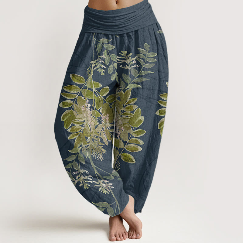 Pantalones Buddha Stones de algodón puro con diseño de hojas verdes y ramas para mujer, con cintura elástica