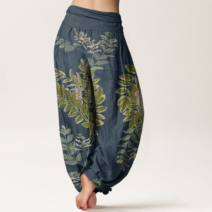 Pantalones Buddha Stones de algodón puro con diseño de hojas verdes y ramas para mujer, con cintura elástica