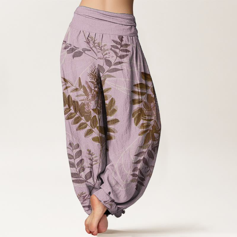 Pantalones Buddha Stones de algodón puro con diseño de hojas verdes y ramas para mujer, con cintura elástica