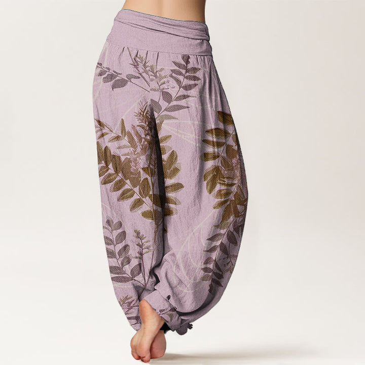 Pantalones Buddha Stones de algodón puro con diseño de hojas verdes y ramas para mujer, con cintura elástica