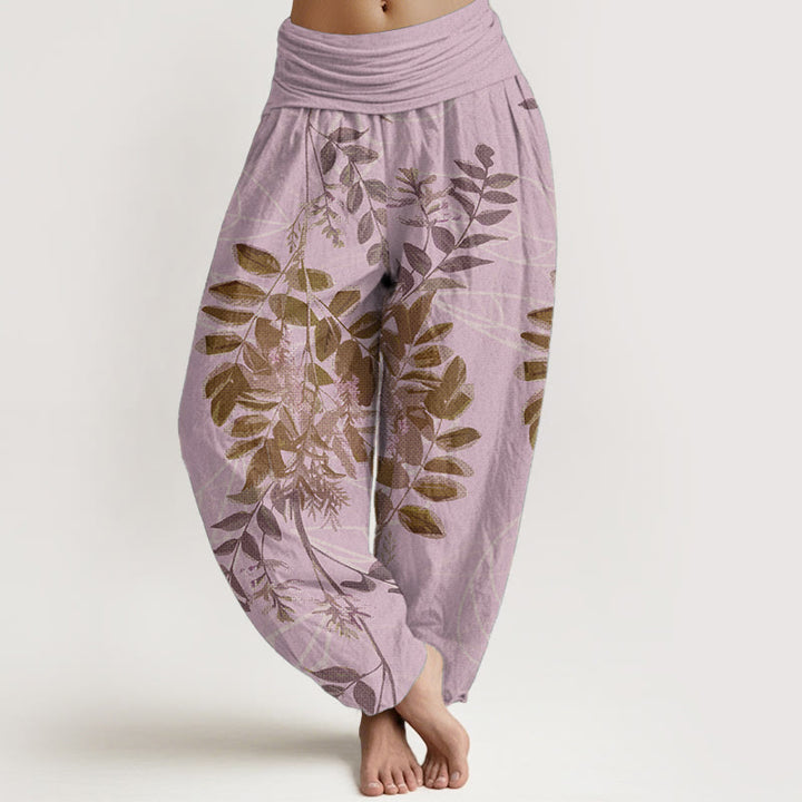 Pantalones Buddha Stones de algodón puro con diseño de hojas verdes y ramas para mujer, con cintura elástica