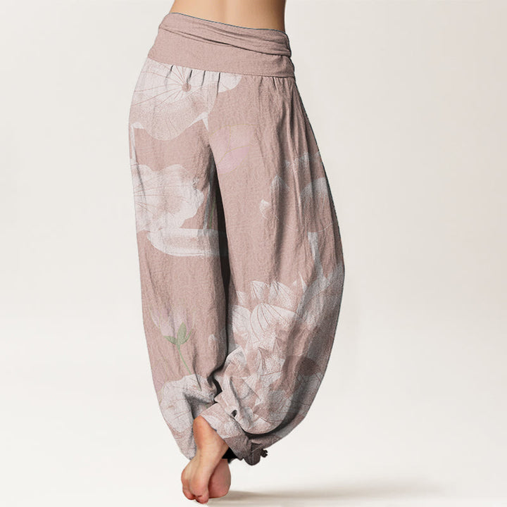 Pantalones harén de Buddha Stones puro con diseño de loto rosa y blanco para mujer, con cintura elástica - image 1