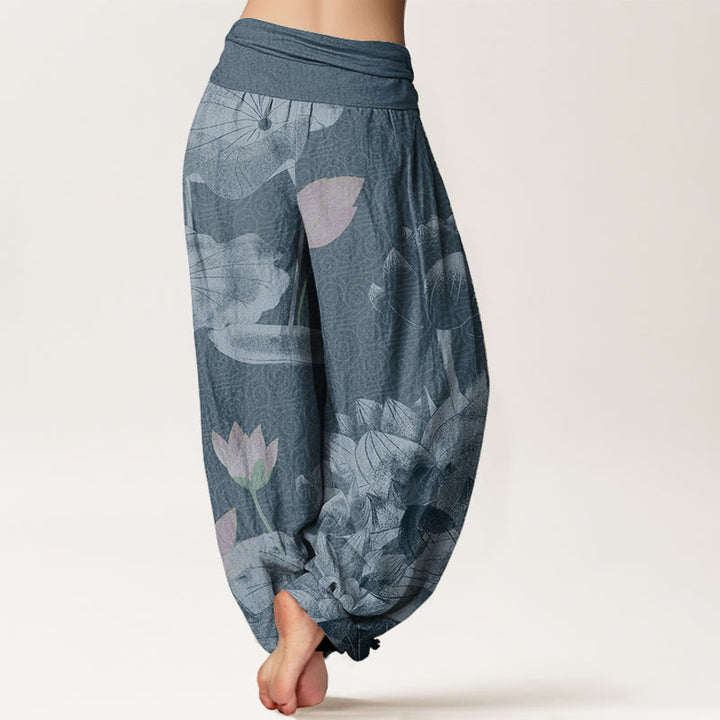 Pantalones harén de Buddha Stones puro con diseño de loto rosa y blanco para mujer, con cintura elástica - image 6