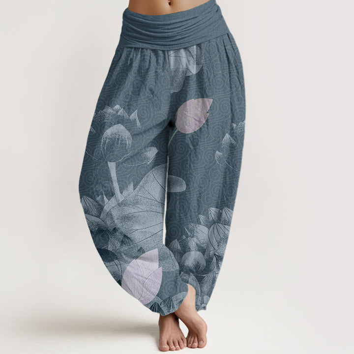 Pantalones harén de Buddha Stones puro con diseño de loto rosa y blanco para mujer, con cintura elástica - Azul acero - US22，UK/AU26，EU54 (6XL) - image 5