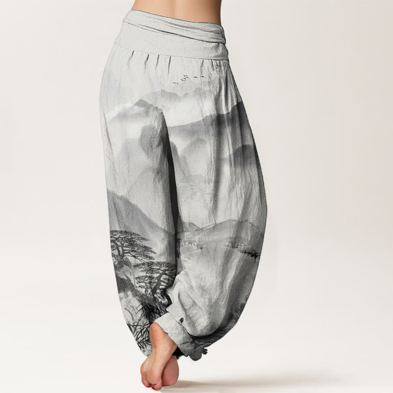 Pantalones harén de algodón puro con diseño de Buddha Stones, montañas, árboles y paisajes, con pintura en tinta, para mujer, con cintura elástica