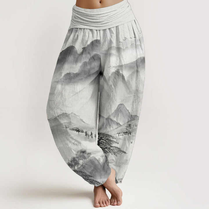 Pantalones harén de algodón puro con diseño de Buddha Stones, montañas, árboles y paisajes, con pintura en tinta, para mujer, con cintura elástica