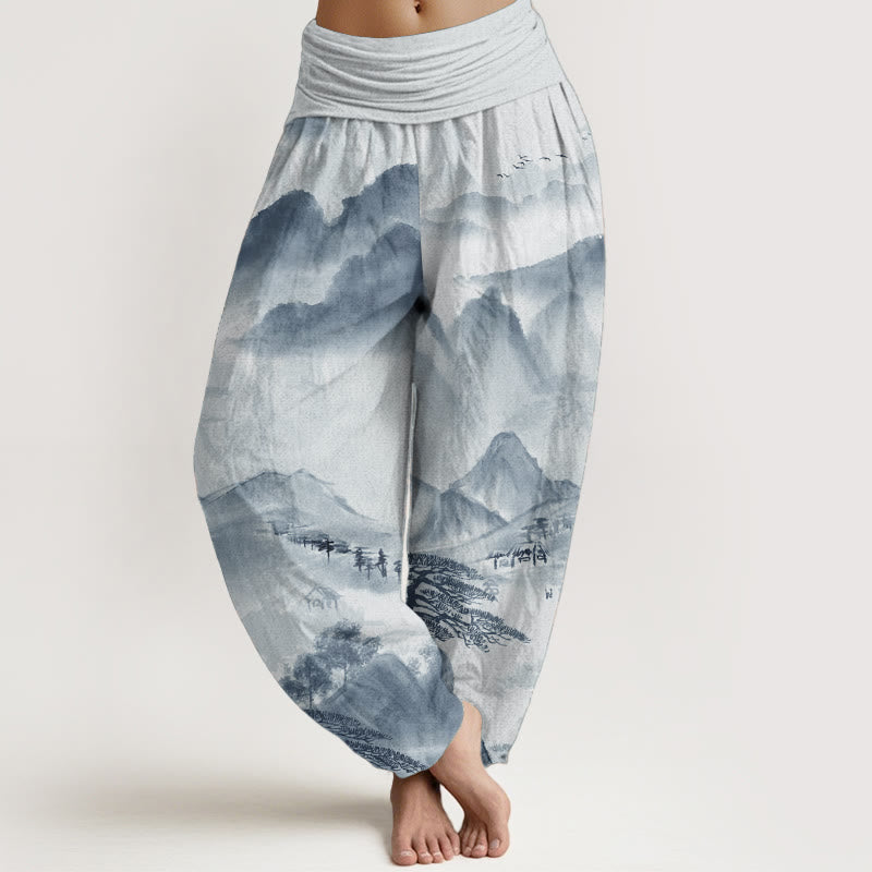 Pantalones harén de algodón puro con diseño de Buddha Stones, montañas, árboles y paisajes, con pintura en tinta, para mujer, con cintura elástica