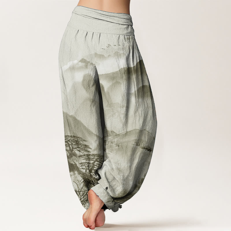 Pantalones harén de algodón puro con diseño de Buddha Stones, montañas, árboles y paisajes, con pintura en tinta, para mujer, con cintura elástica
