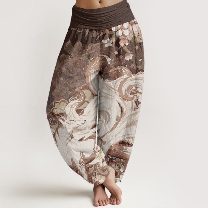 Pantalones Buddha Stones de algodón puro con estampado de zorro y flores de cerezo para mujer, con cintura elástica - Marrón silla de montar - US22，UK/AU26，EU54 (6XL) - image 5