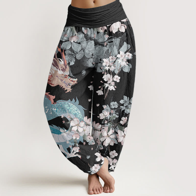 Pantalones Buddha Stones de algodón puro con estampado de flores de cerezo y dragón para mujer, cintura elástica - Negro - US22，UK/AU26，EU54 (6XL) - image 0