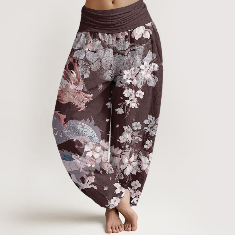 Pantalones Buddha Stones de algodón puro con estampado de flores de cerezo y dragón para mujer, cintura elástica - Granate - US22，UK/AU26，EU54 (6XL) - image 8