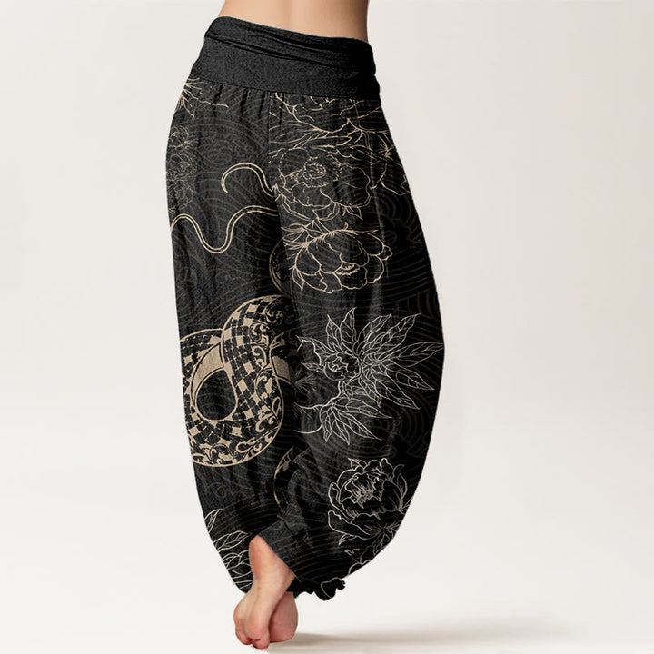 Pantalones harén de cintura elástica para mujer con diseño de serpiente y loto de algodón puro Buddha Stones - image 2