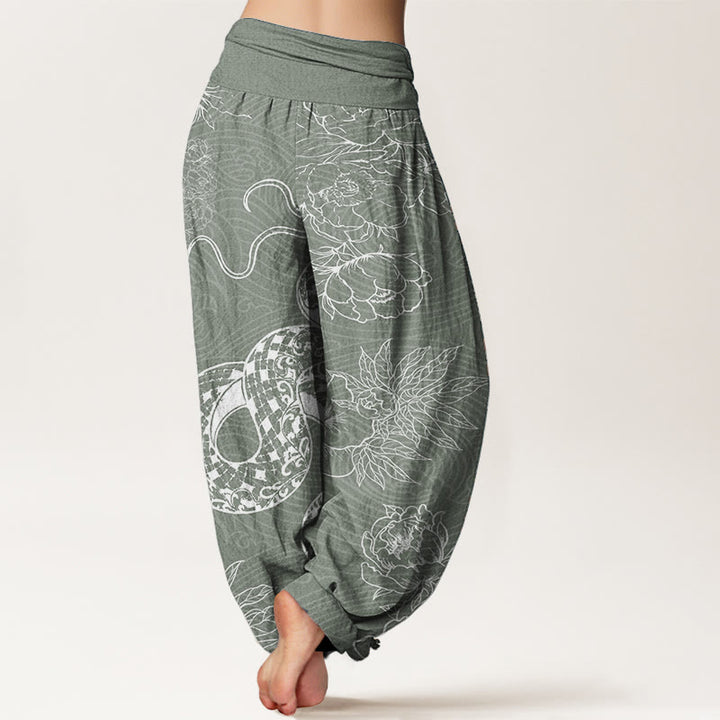 Pantalones harén de cintura elástica para mujer con diseño de serpiente y loto de algodón puro Buddha Stones