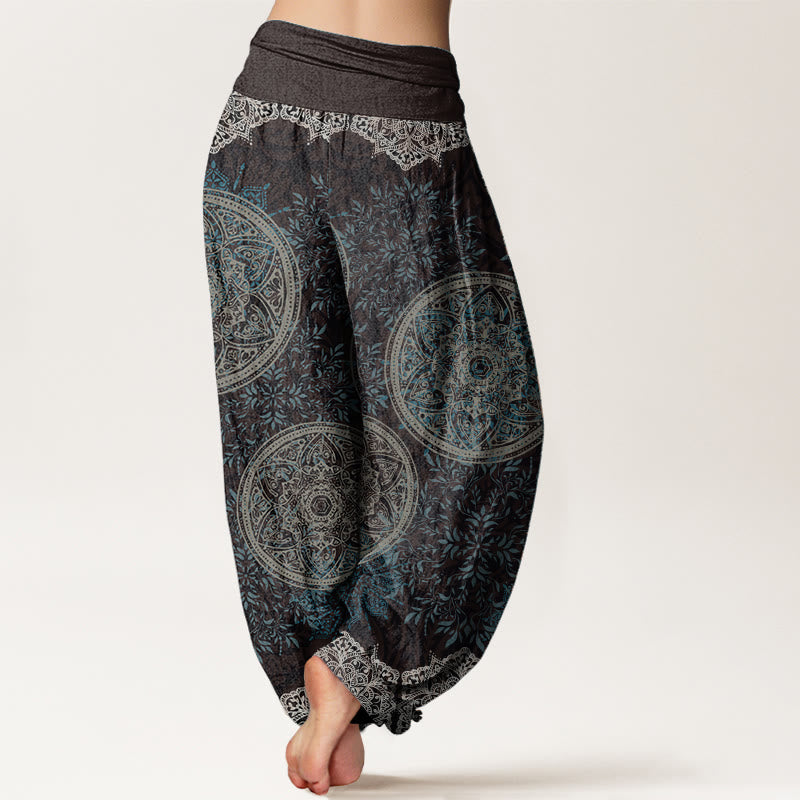 Pantalones harén de algodón puro con estampado de mandalas y Buddha Stones para mujer, con cintura elástica