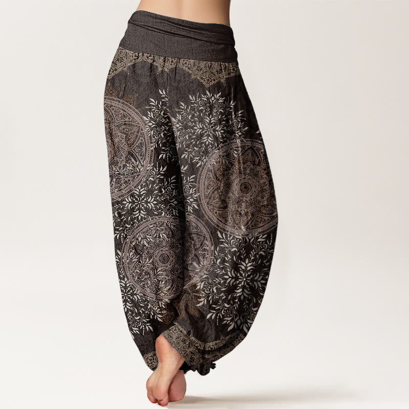 Pantalones harén de algodón puro con estampado de mandalas y Buddha Stones para mujer, con cintura elástica
