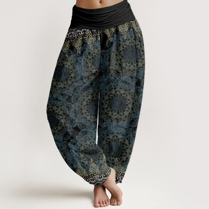 Pantalones Buddha Stones de algodón puro con estampado de mandalas triangulares para mujer, cintura elástica