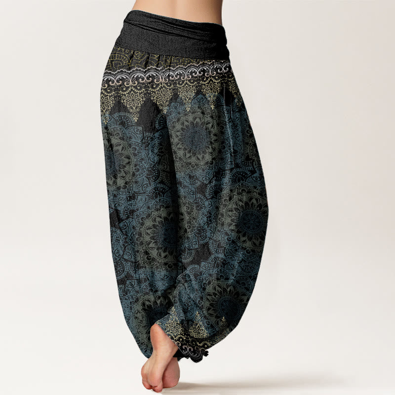 Pantalones Buddha Stones de algodón puro con estampado de mandalas triangulares para mujer, cintura elástica