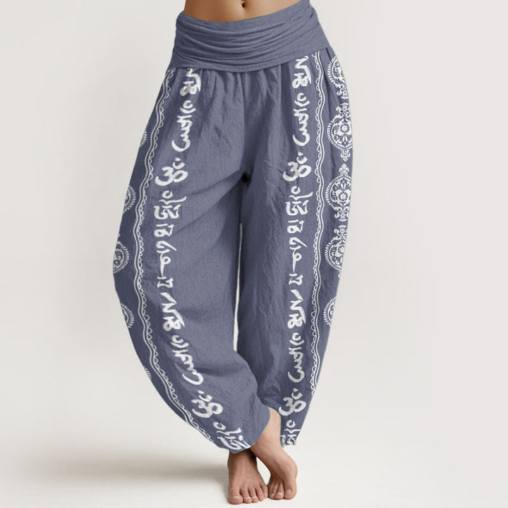 Pantalones harén de algodón puro con diseño de mandala Om Mani Padme Hum y Buddha Stones para mujer con cintura elástica - Azul acero - US22，UK/AU26，EU54 (6XL) - image 0