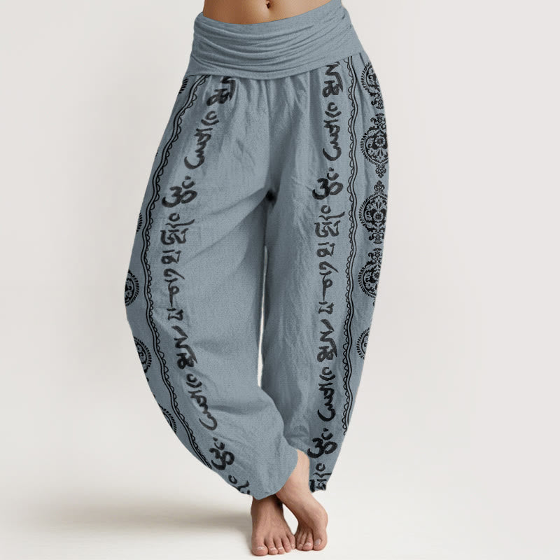 Pantalones harén de algodón puro con diseño de mandala Om Mani Padme Hum y Buddha Stones para mujer con cintura elástica - Azul acero claro - US22，UK/AU26，EU54 (6XL) - image 8