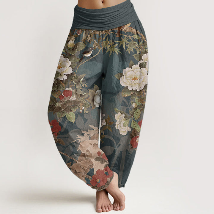 Pantalones Buddha Stones de algodón puro con estampado de flores de peonía y hojas de urraca para mujer, cintura elástica - Verde azulado - US22，UK/AU26，EU54 (6XL) - image 0