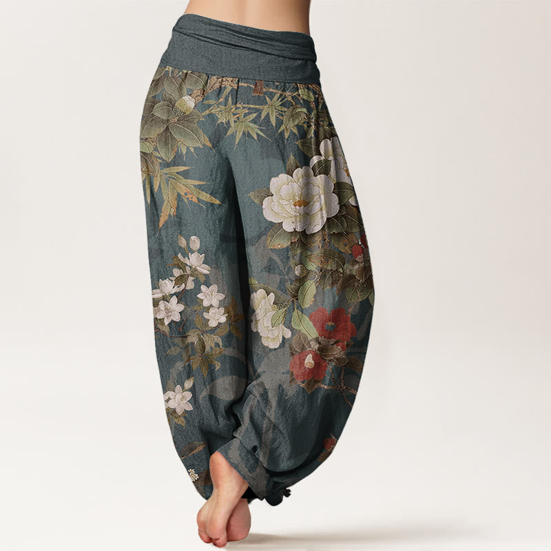 Pantalones Buddha Stones de algodón puro con estampado de flores de peonía y hojas de urraca para mujer, cintura elástica - image 2
