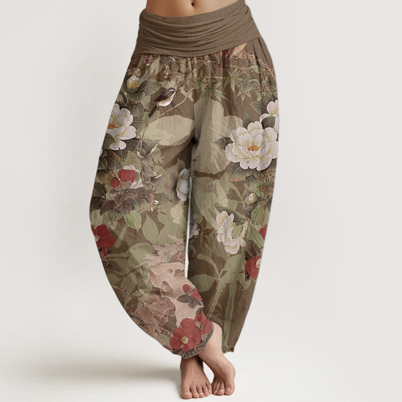 Pantalones Buddha Stones de algodón puro con estampado de flores de peonía y hojas de urraca para mujer, cintura elástica