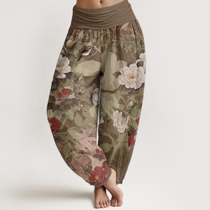 Pantalones Buddha Stones de algodón puro con estampado de flores de peonía y hojas de urraca para mujer, cintura elástica - Vara de oro oscuro - US22，UK/AU26，EU54 (6XL) - image 5