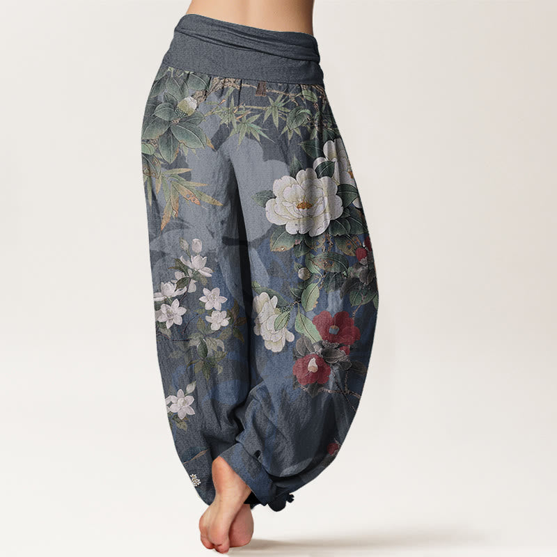 Pantalones Buddha Stones de algodón puro con estampado de flores de peonía y hojas de urraca para mujer, cintura elástica