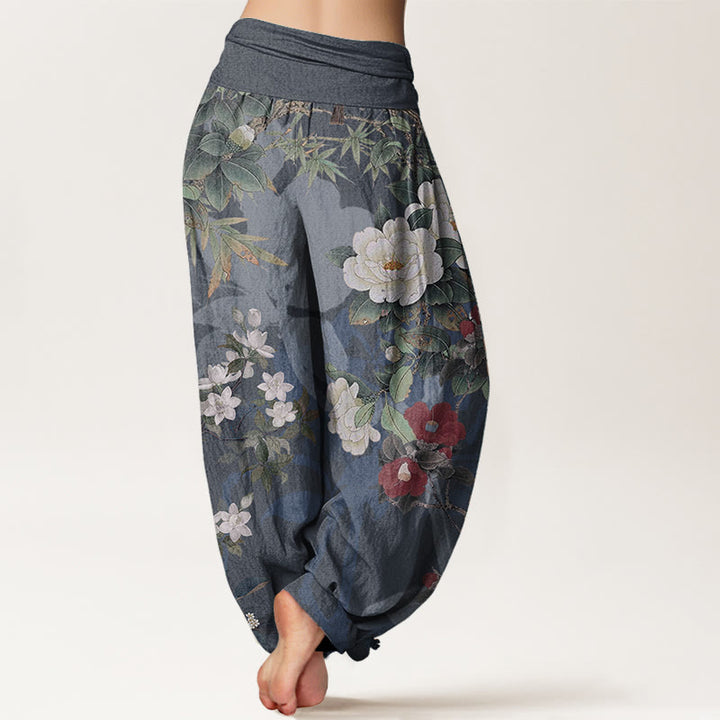 Pantalones Buddha Stones de algodón puro con estampado de flores de peonía y hojas de urraca para mujer, cintura elástica