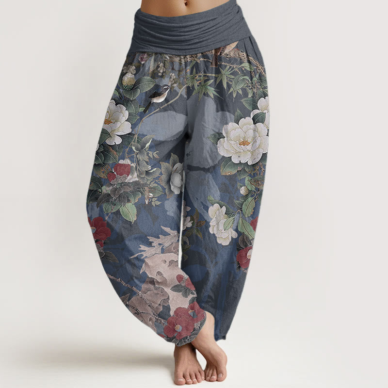 Pantalones Buddha Stones de algodón puro con estampado de flores de peonía y hojas de urraca para mujer, cintura elástica