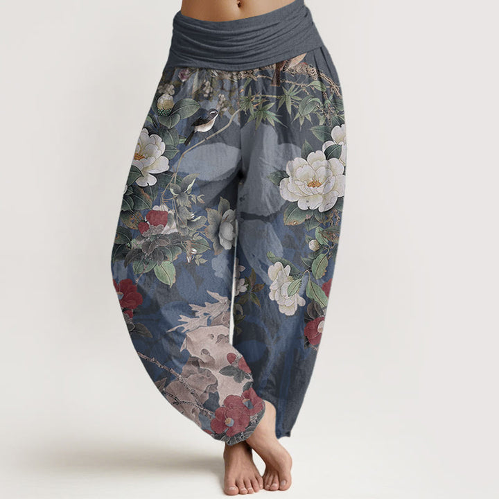 Pantalones Buddha Stones de algodón puro con estampado de flores de peonía y hojas de urraca para mujer, cintura elástica - Azul acero - US22，UK/AU26，EU54 (6XL) - image 8