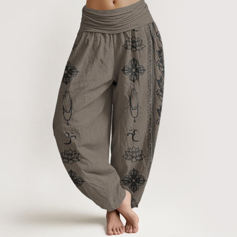 Pantalones Buddha Stones de algodón puro con diseño de flores de loto, doble dorje, vajra, Namaste y Om, con cintura elástica para mujer - Caqui oscuro - US22，UK/AU26，EU54 (6XL) - image 8