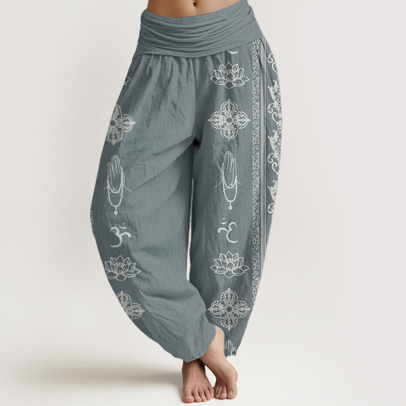 Pantalones Buddha Stones de algodón puro con diseño de flores de loto, doble dorje, vajra, Namaste y Om, con cintura elástica para mujer - Cadete Azul - US22，UK/AU26，EU54 (6XL) - image 5