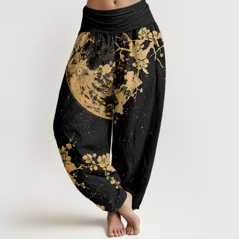Pantalones Buddha Stones de algodón puro con estampado de flor de ciruelo dorado y luna llena para mujer, con cintura elástica - Negro - US22，UK/AU26，EU54 (6XL) - image 0