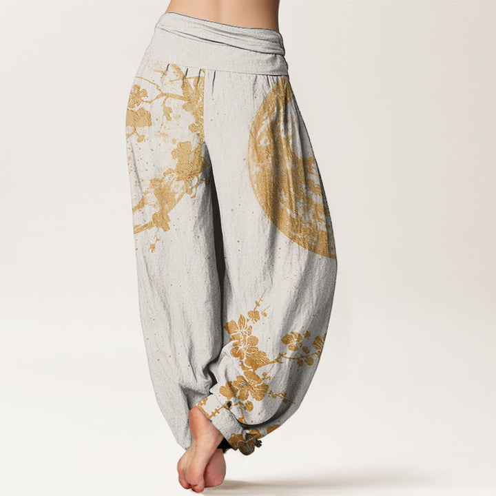 Pantalones Buddha Stones de algodón puro con estampado de flor de ciruelo dorado y luna llena para mujer, con cintura elástica - image 9