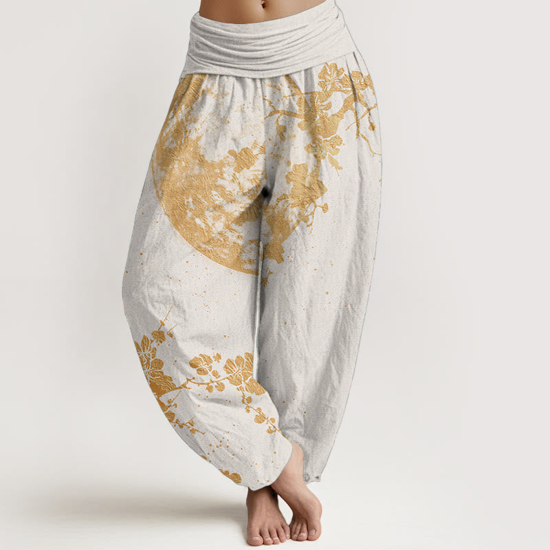 Pantalones Buddha Stones de algodón puro con estampado de flor de ciruelo dorado y luna llena para mujer, con cintura elástica - Beige - US22，UK/AU26，EU54 (6XL) - image 8