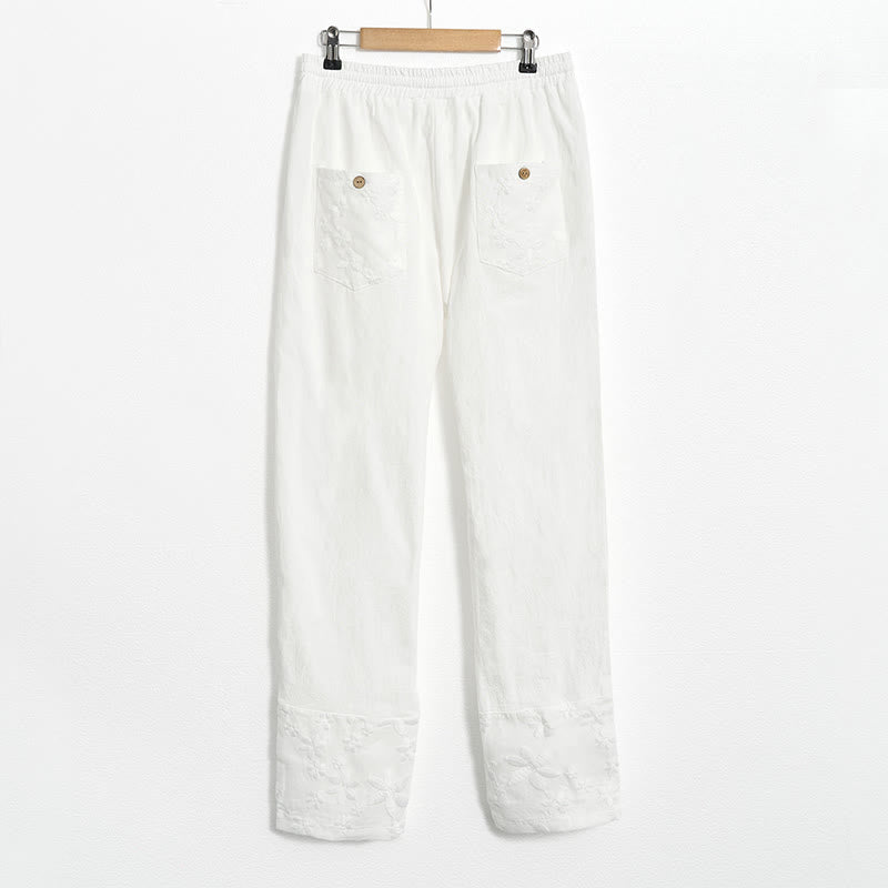 Pantalones de lino y algodón para mujer con diseño de patchwork de encaje blanco y Buddha Stones con bolsillos - image 7