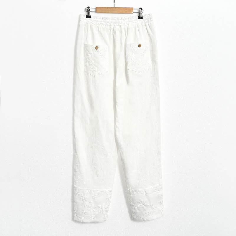 Pantalones de lino y algodón para mujer con diseño de patchwork de encaje blanco y Buddha Stones con bolsillos - image 6