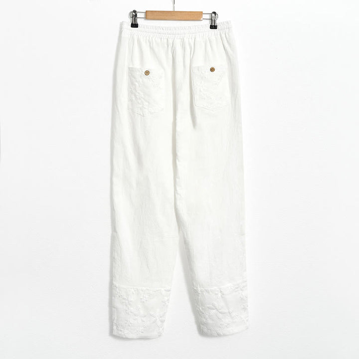 Pantalones de lino y algodón para mujer con diseño de patchwork de encaje blanco y Buddha Stones con bolsillos - image 6
