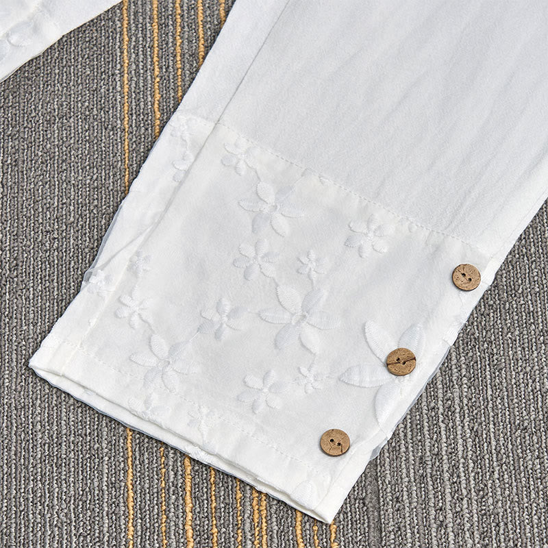 Pantalones de lino y algodón para mujer con diseño de patchwork de encaje blanco y Buddha Stones con bolsillos - image 3