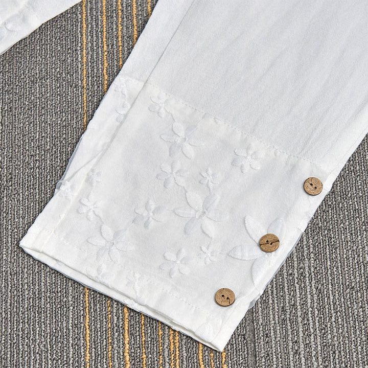 Pantalones de lino y algodón para mujer con diseño de patchwork de encaje blanco y Buddha Stones con bolsillos - image 3