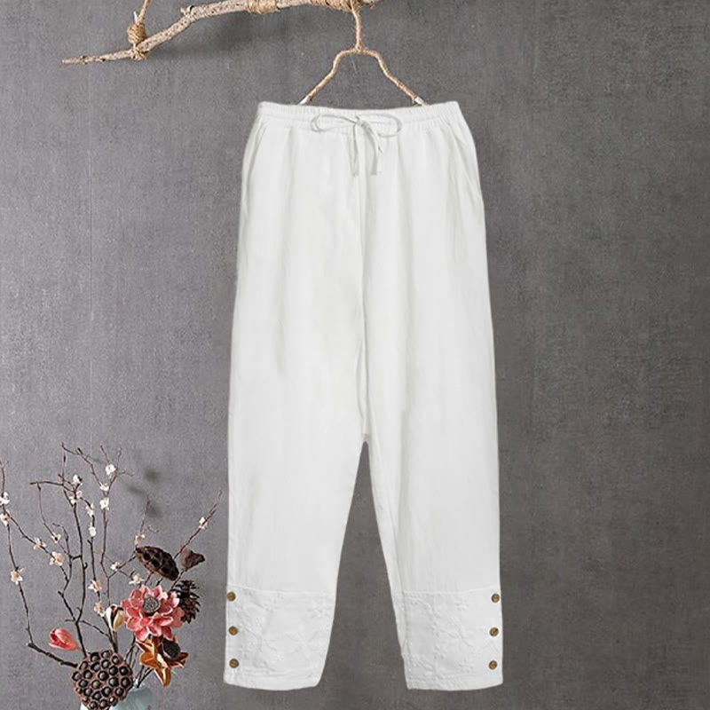 Pantalones de lino y algodón para mujer con diseño de patchwork de encaje blanco y Buddha Stones con bolsillos - Blanco - US14，UK/AU18，EU46 (2XL) - image 0