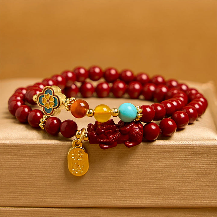 Pulsera de doble vuelta con bendición del personaje PiXiu Fu y Buddha Stones Cinabrio