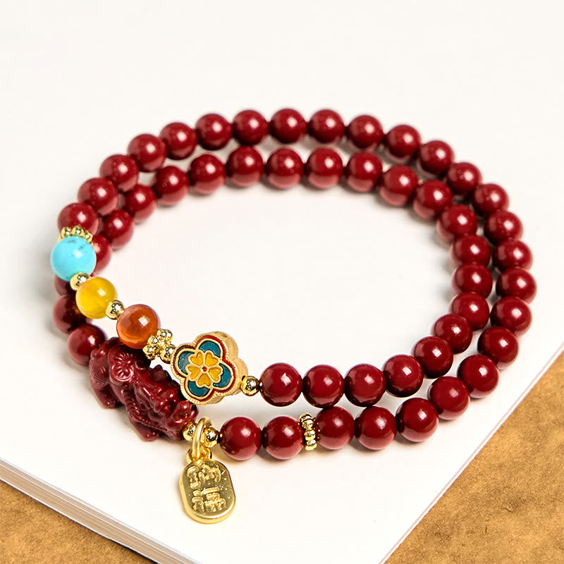 Pulsera de doble vuelta con bendición del personaje PiXiu Fu y Buddha Stones Cinabrio