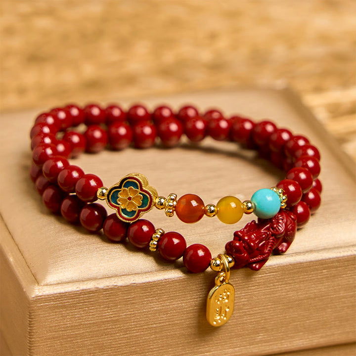 Pulsera de doble vuelta con bendición del personaje PiXiu Fu y Buddha Stones Cinabrio