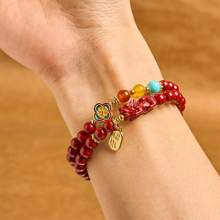 Pulsera de doble vuelta con bendición del personaje PiXiu Fu y Buddha Stones Cinabrio