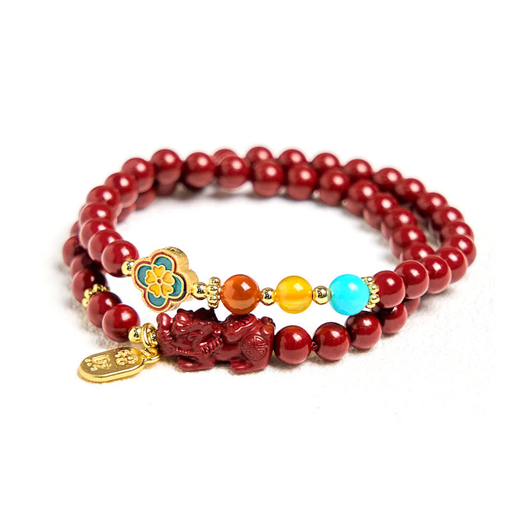 Pulsera de doble vuelta con bendición del personaje PiXiu Fu y Buddha Stones Cinabrio